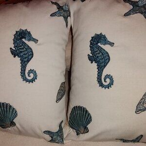 SEALIFE CUSTOM EMBROIDERED PILLOW SHAMS WHITE COTTON AQUA EMBROIDERY 20 x 24 NEW